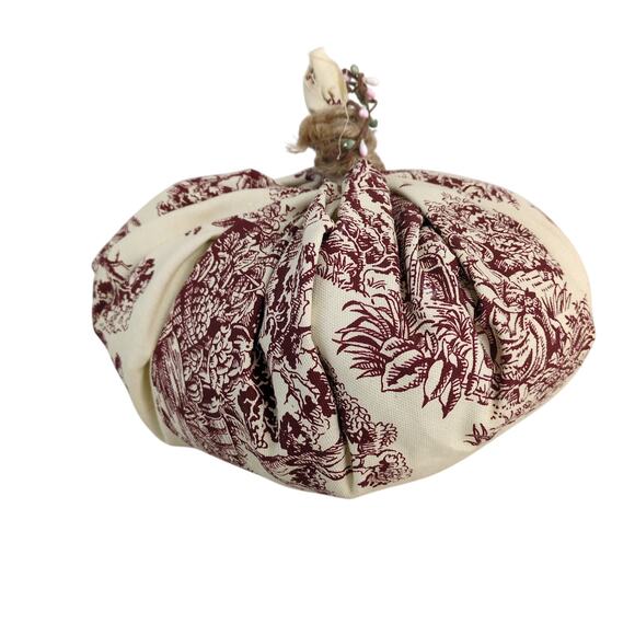 Folk Art Red Toile Fabric Stuffed Pumpkin 32" Around Farmhouse French Country - Picture 1 of 5